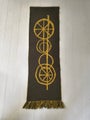 Vintage Finnish tapestry Onnimanni with mustard yellow and brown geometric pattern