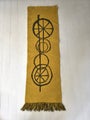 Vintage Finnish tapestry Onnimanni with mustard yellow and brown geometric pattern