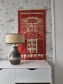 Finnish 1960s&ndash;70s vintage woven wall tapestry in off-white and brick red with geometric architectural pattern.