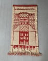 Finnish 1960s&ndash;70s vintage woven wall tapestry in off-white and brick red with geometric architectural pattern.