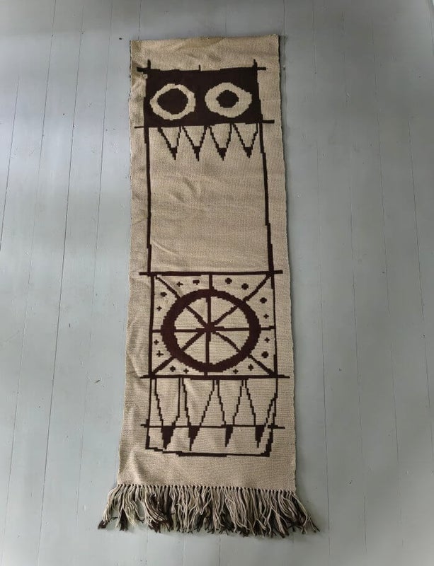 Finnish geometric tapestry by Maija Liisa Forss-Heinonen in brown and natural white tones
