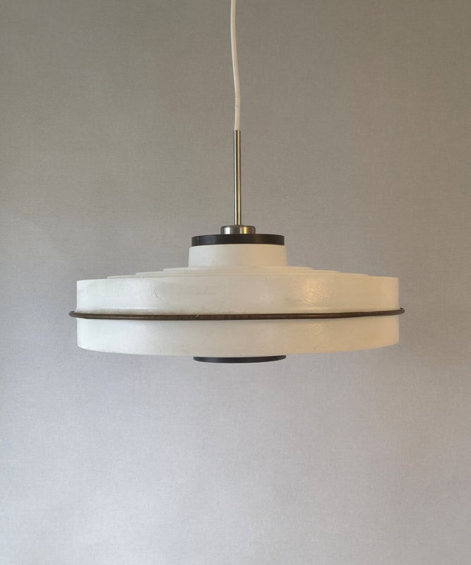 White and brown UFO-style Space Age ceiling lamp from the 1950s&ndash;60s.