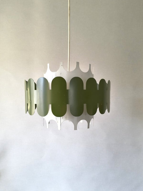 Green and white vintage metal pendant light with layered design and soft light effect