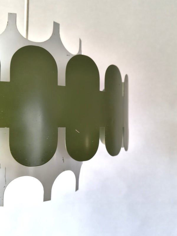Green and white vintage metal pendant light with layered design and soft light effect