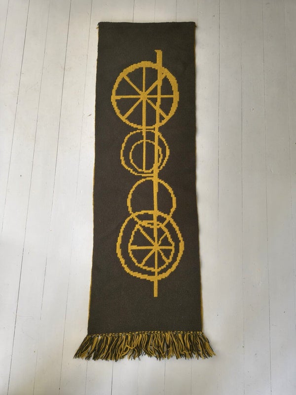 Vintage Finnish tapestry Onnimanni with mustard yellow and brown geometric pattern