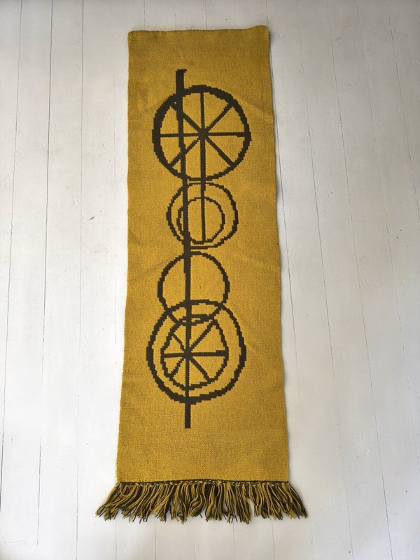 Vintage Finnish tapestry Onnimanni with mustard yellow and brown geometric pattern