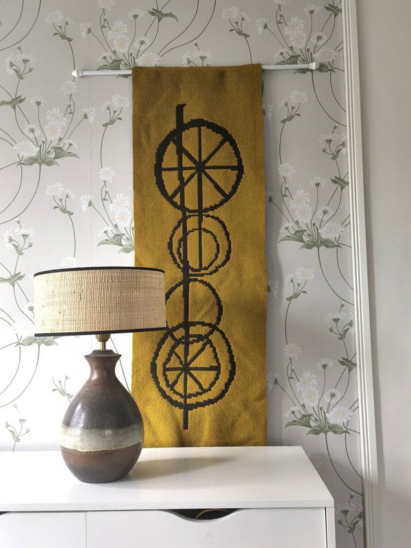 Vintage Finnish tapestry Onnimanni with mustard yellow and brown geometric pattern