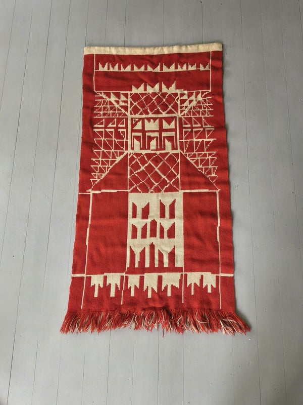 Finnish 1960s&ndash;70s vintage woven wall tapestry in off-white and brick red with geometric architectural pattern.
