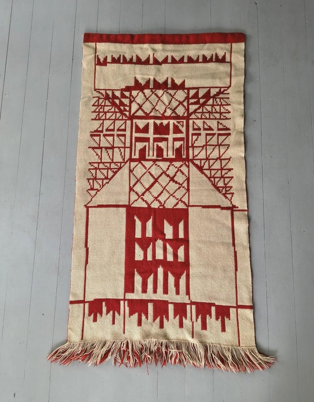 Finnish 1960s&ndash;70s vintage woven wall tapestry in off-white and brick red with geometric architectural pattern.
